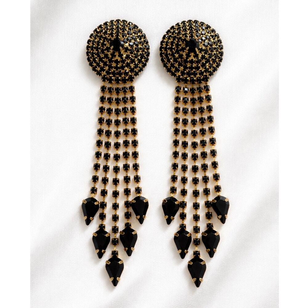 Black Rhinestone Chandelier Earrings Gold Tone Statement Dangle 5 Inch Long